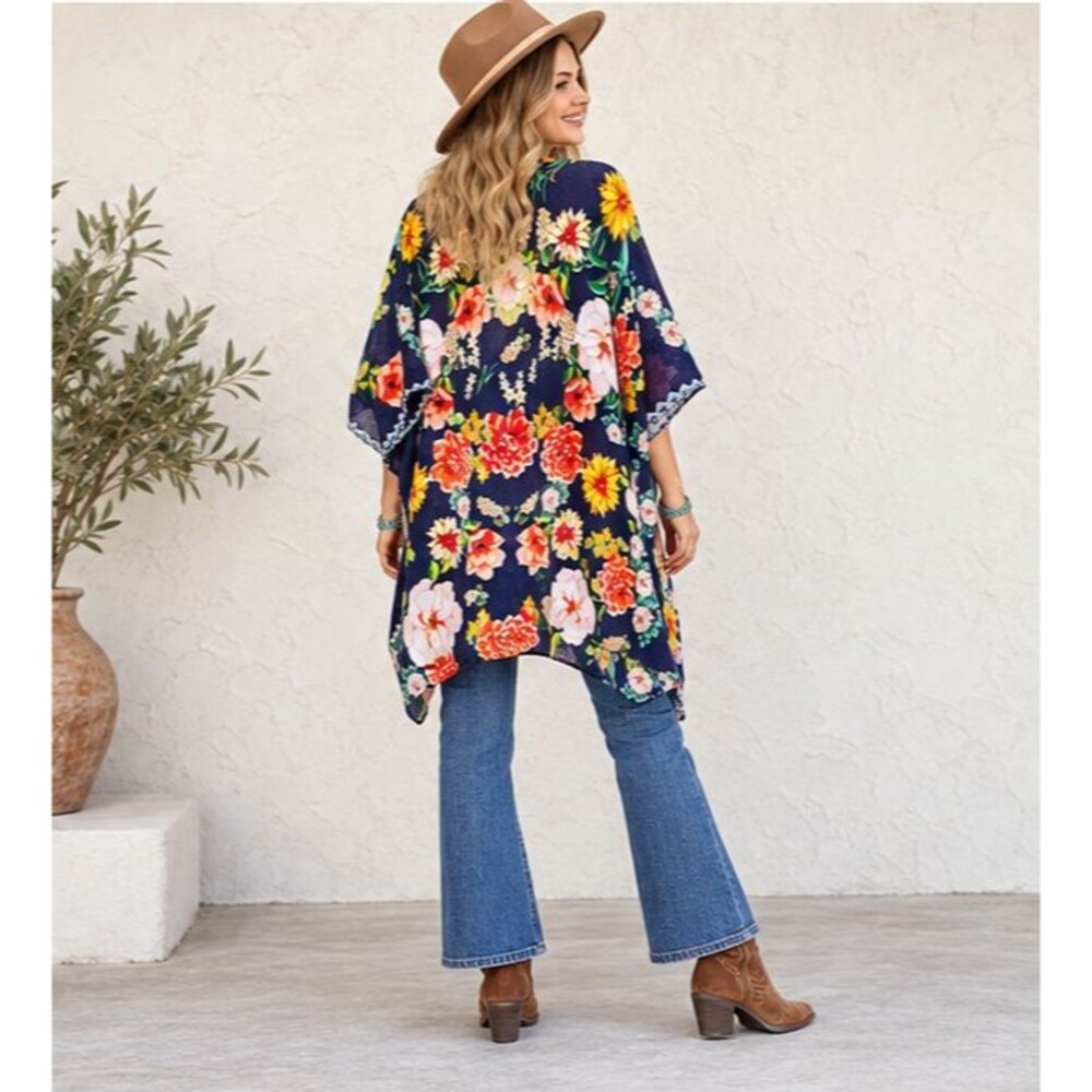 Johnny Was L XL Silk Cotton Floral Kimono Tunic Navy Boho Festival Western